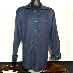 Bugatchi Navy Solid Brushed Twill Classic Fit Mens Size Large